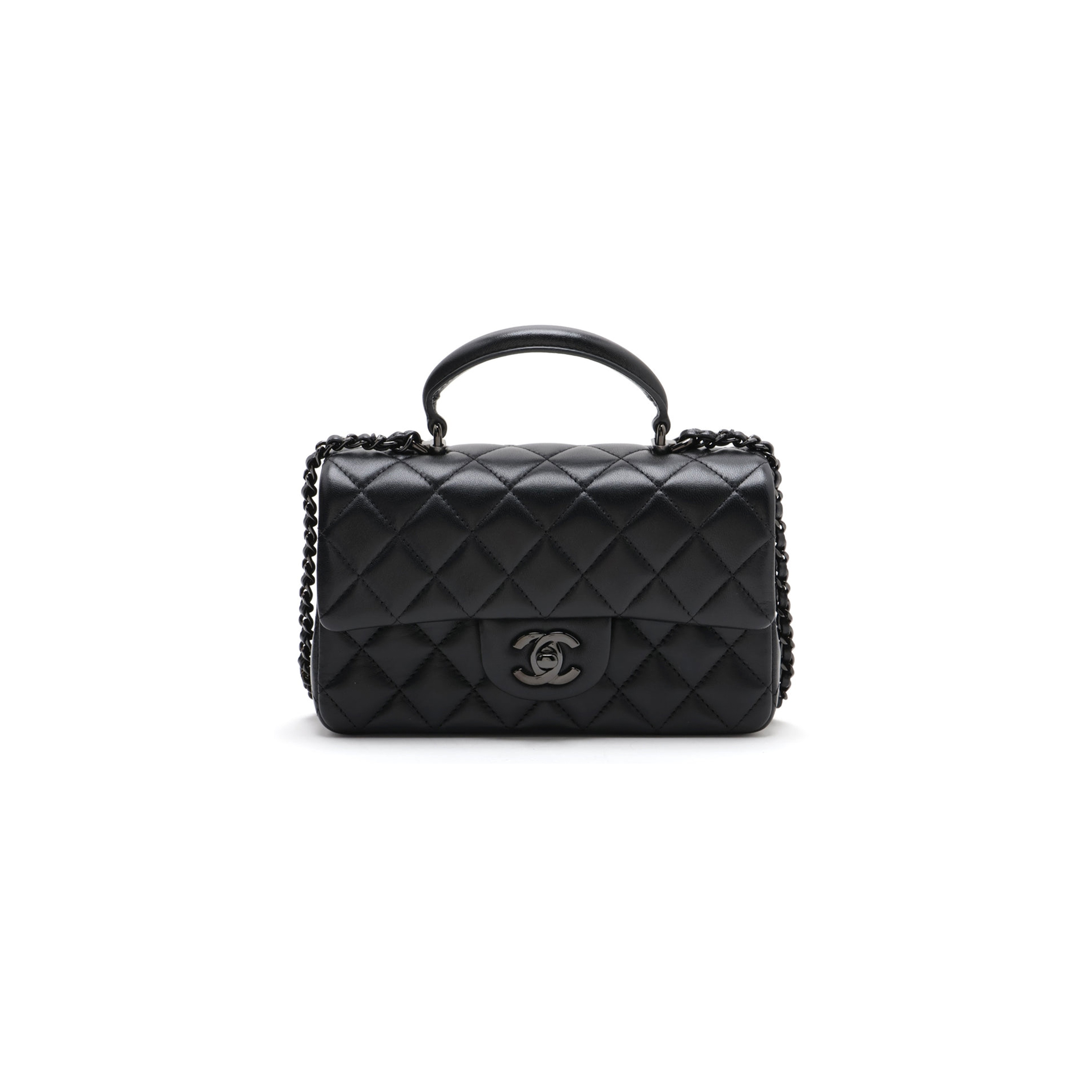 CHANEL LAMBSKIN QUILTED MINI TOP HANDLE RECTANGULAR FLAP SO BLACK AS2431 (20*12*6cm)